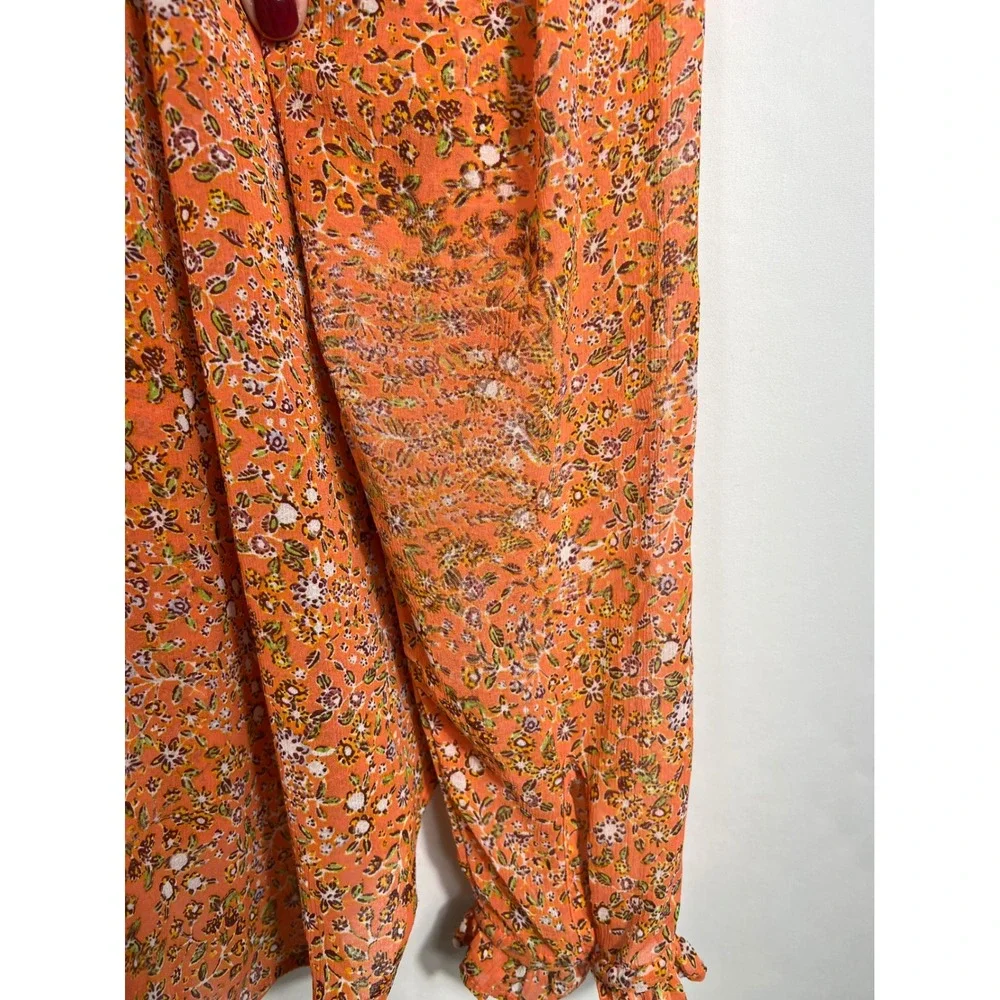 Free People Lela Orange Floral Smocked Yoke Ruffle Neck Tie‎ Blouse S OB1010657